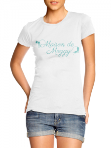 Ladies white fitted t shirt, featuring the Maison de Moggy Logo