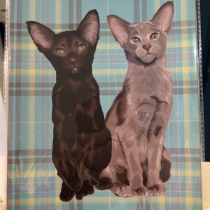 Maude and Fleur A4 size art print, featuring our Oriental Shorthair cats illustrated on a Maison de Moggy official tartan background.